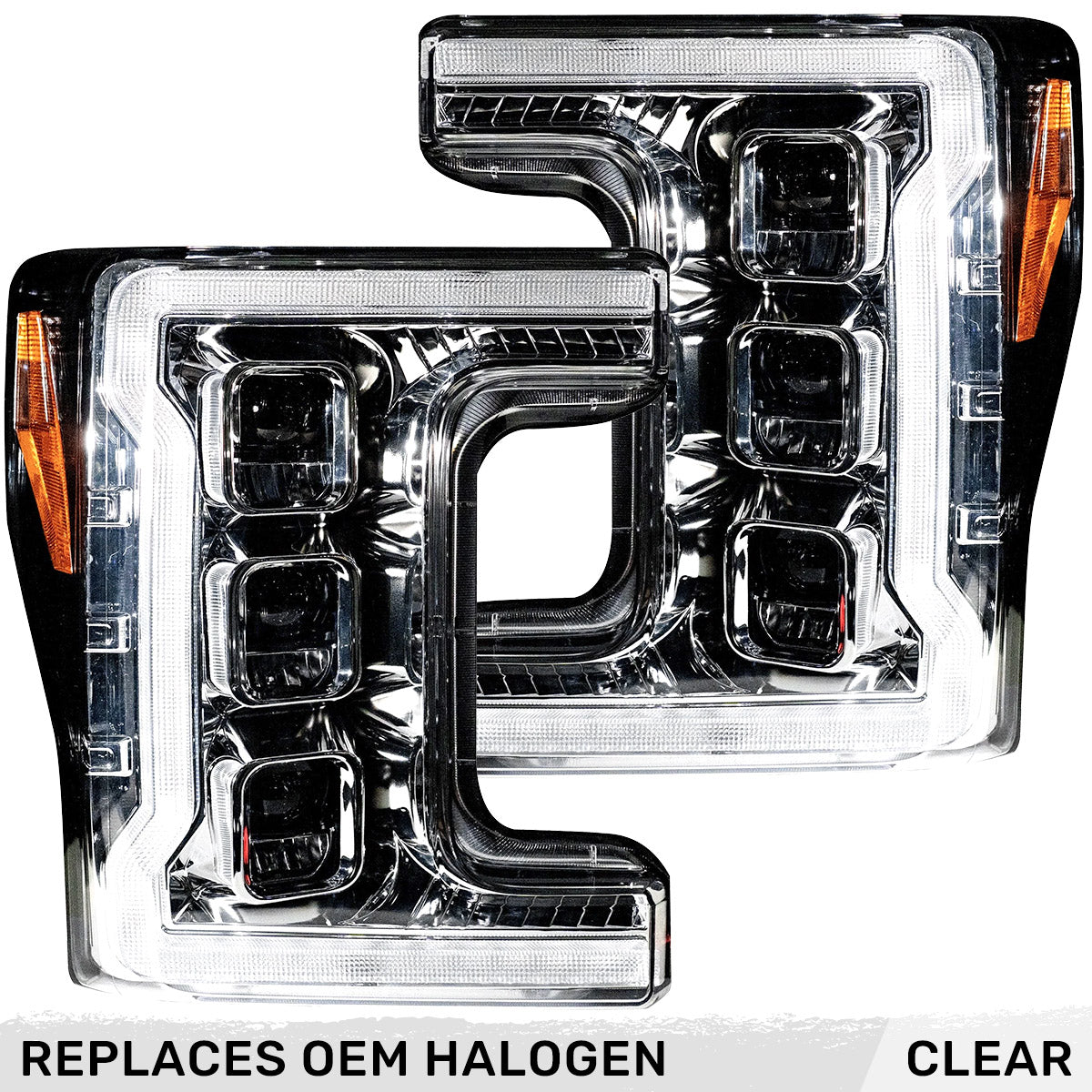 Ford Superduty 17-19 F250/F350/F450/F550 (Replaces OEM Halogen Style Head Lights Only) LED HI & LOW BEAM PROJECTOR HEADLIGHTS w/ Ultra High Power Smooth OLED DRL & SCANNING SWITCHBACK High Power Amber LED Turn Signals - Clear / Chrome - Image 3