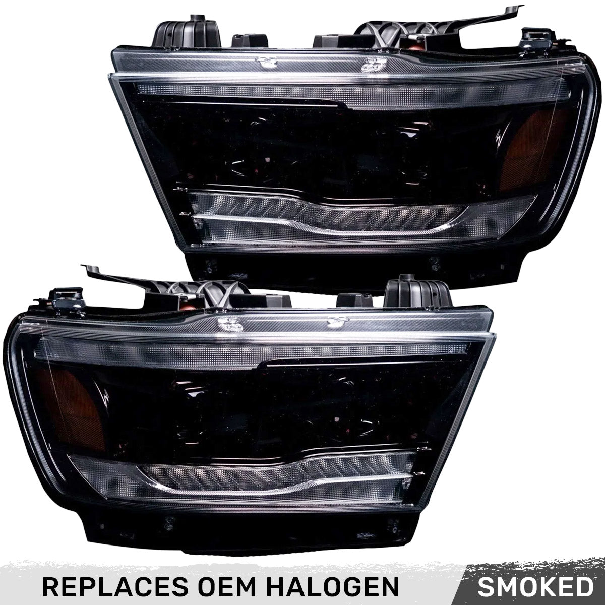 Dodge RAM 19-23 1500 5th GEN Body Style w/ OEM Halogen & Standard Reflector Housing - Halogen PROJECTOR HEADLIGHTS w/ Ultra High Power Smooth OLED DRL & SCANNING SWITCHBACK High Power Amber LED Turn Signals - Smoked / Black (Attn: Replaces OEM halogen headlights ONLY) - Image 3