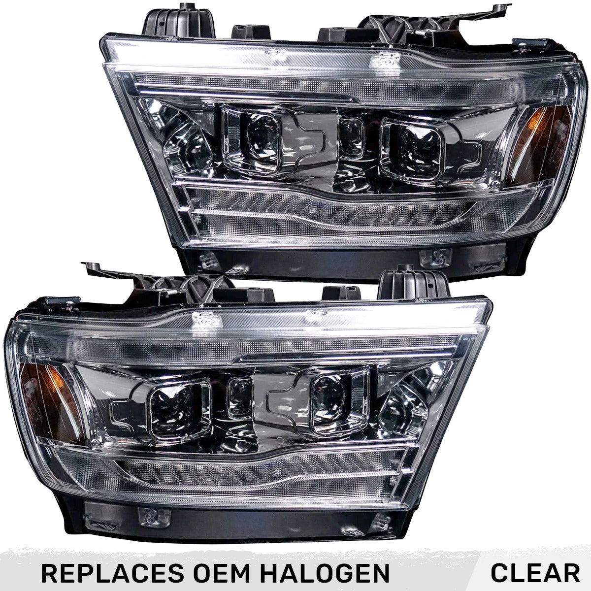 Dodge RAM 19-23 1500 5th GEN Body Style w/ OEM Halogen & Standard Reflector Housing - Halogen PROJECTOR HEADLIGHTS w/ Ultra High Power Smooth OLED DRL & SCANNING SWITCHBACK High Power Amber LED Turn Signals - Clear / Chrome (Attn: Replaces OEM halogen headlights ONLY)
