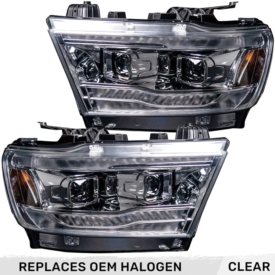 Dodge RAM 19-23 1500 5th GEN Body Style w/ OEM Halogen & Standard Reflector Housing - Halogen PROJECTOR HEADLIGHTS w/ Ultra High Power Smooth OLED DRL & SCANNING SWITCHBACK High Power Amber LED Turn Signals - Clear / Chrome (Attn: Replaces OEM halogen headlights ONLY)