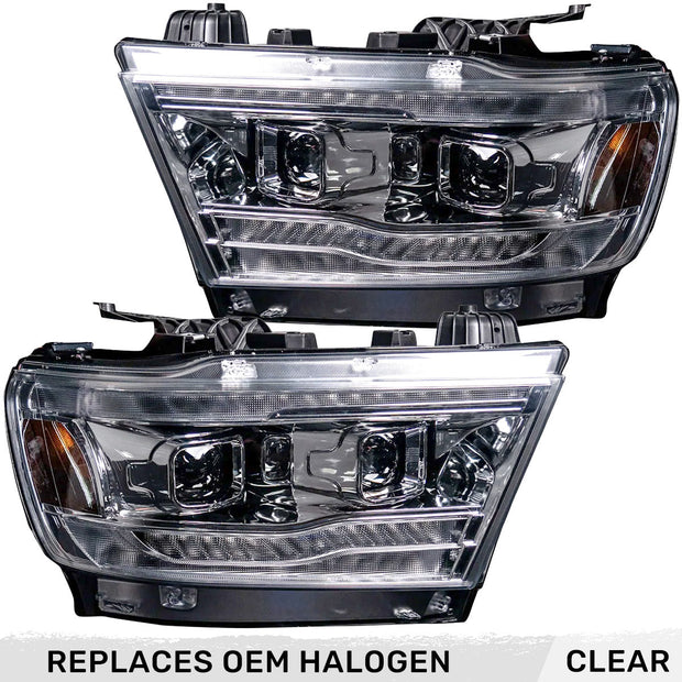 Dodge RAM 19-23 1500 5th GEN Body Style w/ OEM Halogen & Standard Reflector Housing - Halogen PROJECTOR HEADLIGHTS w/ Ultra High Power Smooth OLED DRL & SCANNING SWITCHBACK High Power Amber LED Turn Signals - Clear / Chrome (Attn: Replaces OEM halogen headlights ONLY)