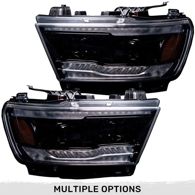 Dodge RAM 19-23 1500 5th GEN Body Style w/ OEM Halogen & Standard Reflector Housing - LED HI & LOW BEAM PROJECTOR HEADLIGHTS w/ Ultra High Power Smooth OLED DRL & SCANNING SWITCHBACK High Power Amber LED Turn Signals - Clear / Chrome (Attn: Replaces OEM halogen headlights ONLY)