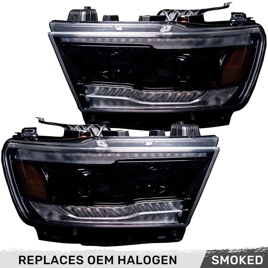 Dodge RAM 19-23 1500 5th GEN Body Style w/ OEM Halogen & Standard Reflector Housing - LED HI & LOW BEAM PROJECTOR HEADLIGHTS w/ Ultra High Power Smooth OLED DRL & SCANNING SWITCHBACK High Power Amber LED Turn Signals - Smoked / Black (Attn: Replaces OEM halogen headlights ONLY) - Image 3