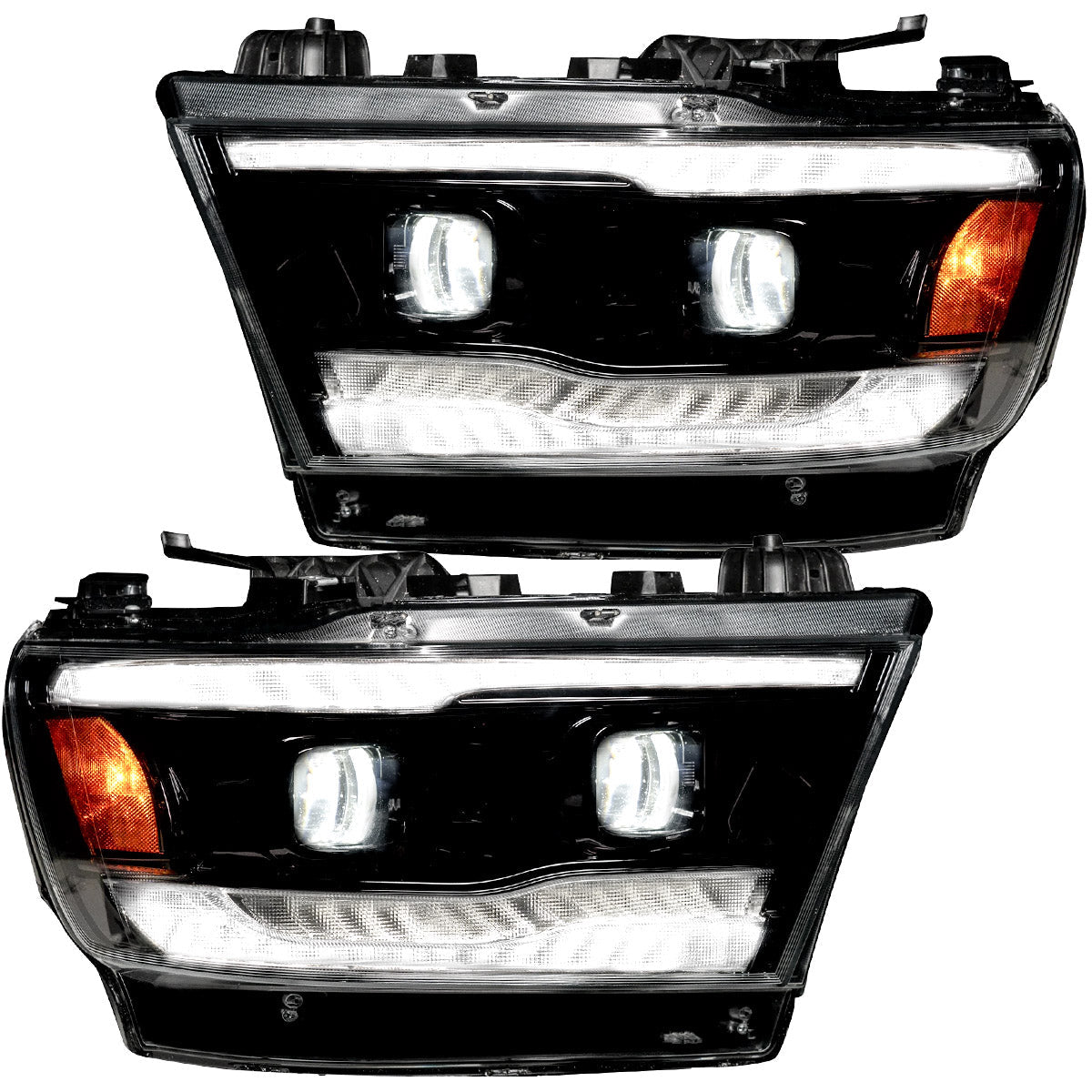 Dodge RAM 19-23 1500 5th GEN Body Style w/ OEM Halogen & Standard Reflector Housing - LED HI & LOW BEAM PROJECTOR HEADLIGHTS w/ Ultra High Power Smooth OLED DRL & SCANNING SWITCHBACK High Power Amber LED Turn Signals - Clear / Chrome (Attn: Replaces OEM halogen headlights ONLY) - Image 2