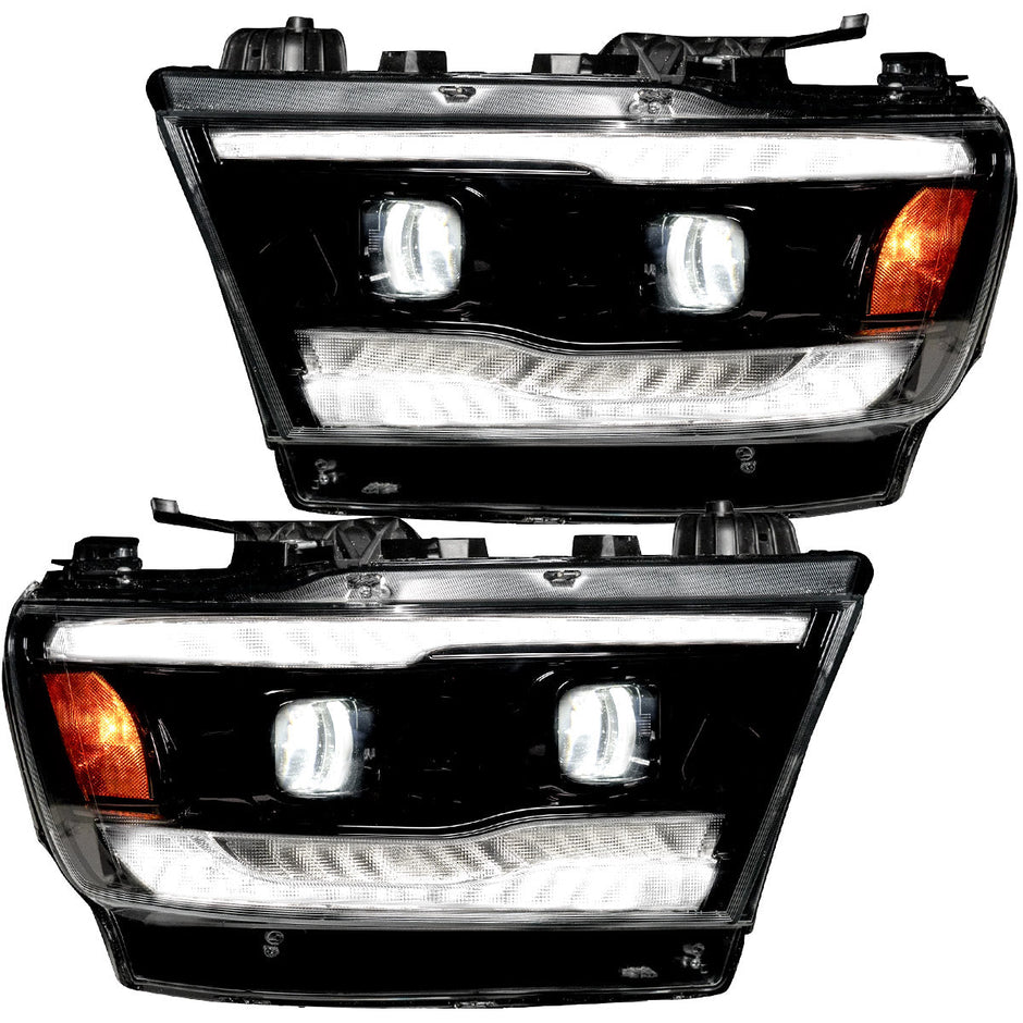 Dodge RAM 19-23 1500 5th GEN Body Style w/ OEM Halogen & Standard Reflector Housing - LED HI & LOW BEAM PROJECTOR HEADLIGHTS w/ Ultra High Power Smooth OLED DRL & SCANNING SWITCHBACK High Power Amber LED Turn Signals - Clear / Chrome (Attn: Replaces OEM halogen headlights ONLY) - Image 2