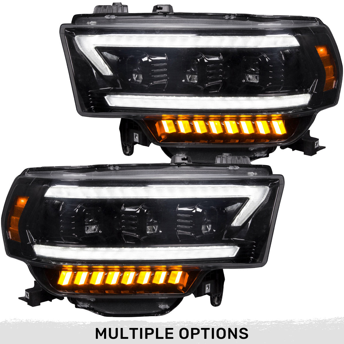 Dodge RAM 19-23 2500/3500 5th GEN Body Style w/ OEM Halogen & Standard Reflector Housing - LED PROJECTOR HEADLIGHTS w/ Ultra High Power Smooth OLED DRL & SCANNING SWITCHBACK High Power Amber LED Turn Signals - Smoked / Black (Attn: Replaces OEM halogen headlights w standard reflector housing ONLY)
