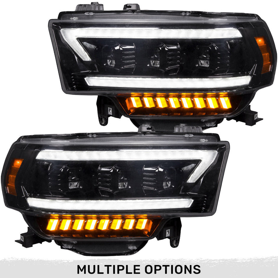 Dodge RAM 19-23 2500/3500 5th GEN Body Style w/ OEM Halogen & Standard Reflector Housing - LED PROJECTOR HEADLIGHTS w/ Ultra High Power Smooth OLED DRL & SCANNING SWITCHBACK High Power Amber LED Turn Signals - Smoked / Black (Attn: Replaces OEM halogen headlights w standard reflector housing ONLY)