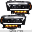 Dodge RAM 19-23 2500/3500 5th GEN Body Style w/ OEM Halogen & Standard Reflector Housing - LED PROJECTOR HEADLIGHTS w/ Ultra High Power Smooth OLED DRL & SCANNING SWITCHBACK High Power Amber LED Turn Signals - Smoked / Black (Attn: Replaces OEM halogen headlights w standard reflector housing ONLY)