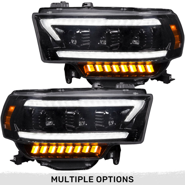 Dodge RAM 19-23 2500/3500 5th GEN Body Style w/ OEM Halogen & Standard Reflector Housing - LED PROJECTOR HEADLIGHTS w/ Ultra High Power Smooth OLED DRL & SCANNING SWITCHBACK High Power Amber LED Turn Signals - Smoked / Black (Attn: Replaces OEM halogen headlights w standard reflector housing ONLY)