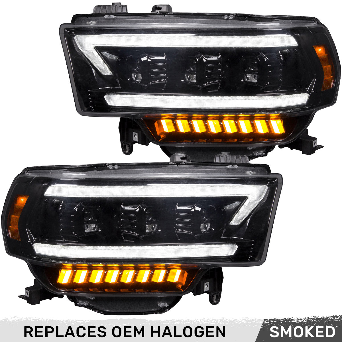 Dodge RAM 19-23 2500/3500 5th GEN Body Style w/ OEM Halogen & Standard Reflector Housing - LED PROJECTOR HEADLIGHTS w/ Ultra High Power Smooth OLED DRL & SCANNING SWITCHBACK High Power Amber LED Turn Signals - Smoked / Black (Attn: Replaces OEM halogen headlights w standard reflector housing ONLY) - Image 6