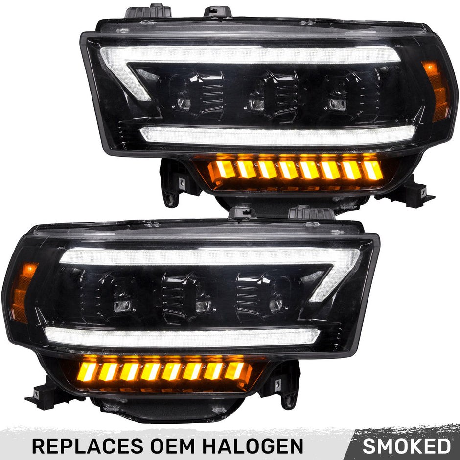 Dodge RAM 19-23 2500/3500 5th GEN Body Style w/ OEM Halogen & Standard Reflector Housing - LED PROJECTOR HEADLIGHTS w/ Ultra High Power Smooth OLED DRL & SCANNING SWITCHBACK High Power Amber LED Turn Signals - Smoked / Black (Attn: Replaces OEM halogen headlights w standard reflector housing ONLY) - Image 6
