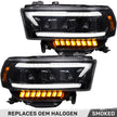 Dodge RAM 19-23 2500/3500 5th GEN Body Style w/ OEM Halogen & Standard Reflector Housing - LED PROJECTOR HEADLIGHTS w/ Ultra High Power Smooth OLED DRL & SCANNING SWITCHBACK High Power Amber LED Turn Signals - Smoked / Black (Attn: Replaces OEM halogen headlights w standard reflector housing ONLY) - Image 6