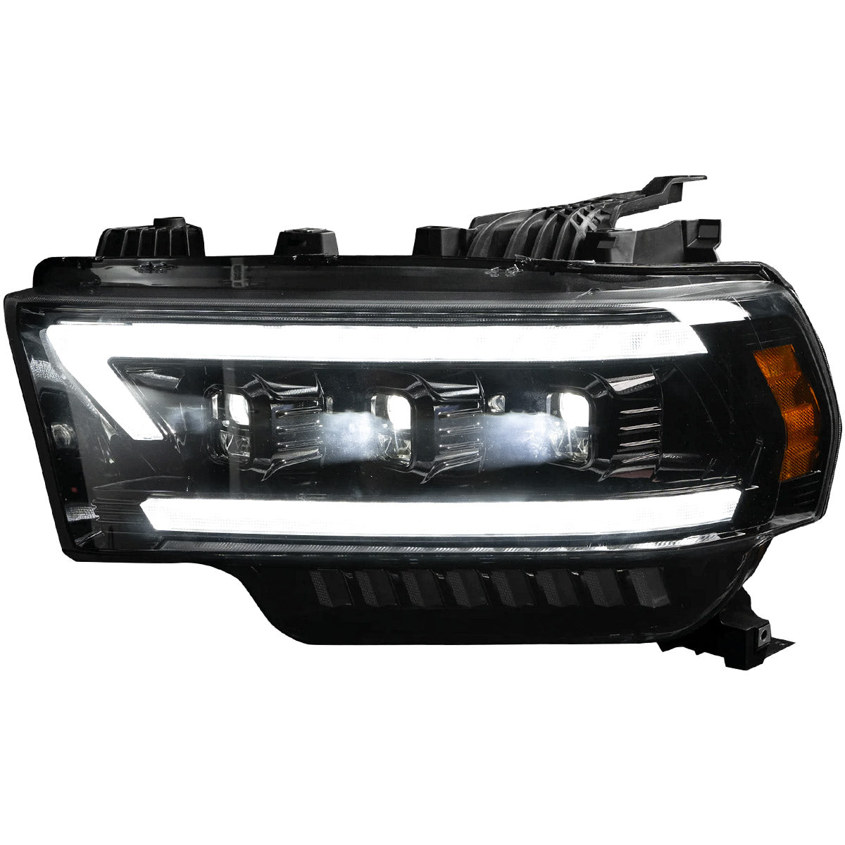 Dodge RAM 19-23 2500/3500 5th GEN Body Style w/ OEM Halogen & Standard Reflector Housing - LED PROJECTOR HEADLIGHTS w/ Ultra High Power Smooth OLED DRL & SCANNING SWITCHBACK High Power Amber LED Turn Signals - Smoked / Black (Attn: Replaces OEM halogen headlights w standard reflector housing ONLY) - Image 4