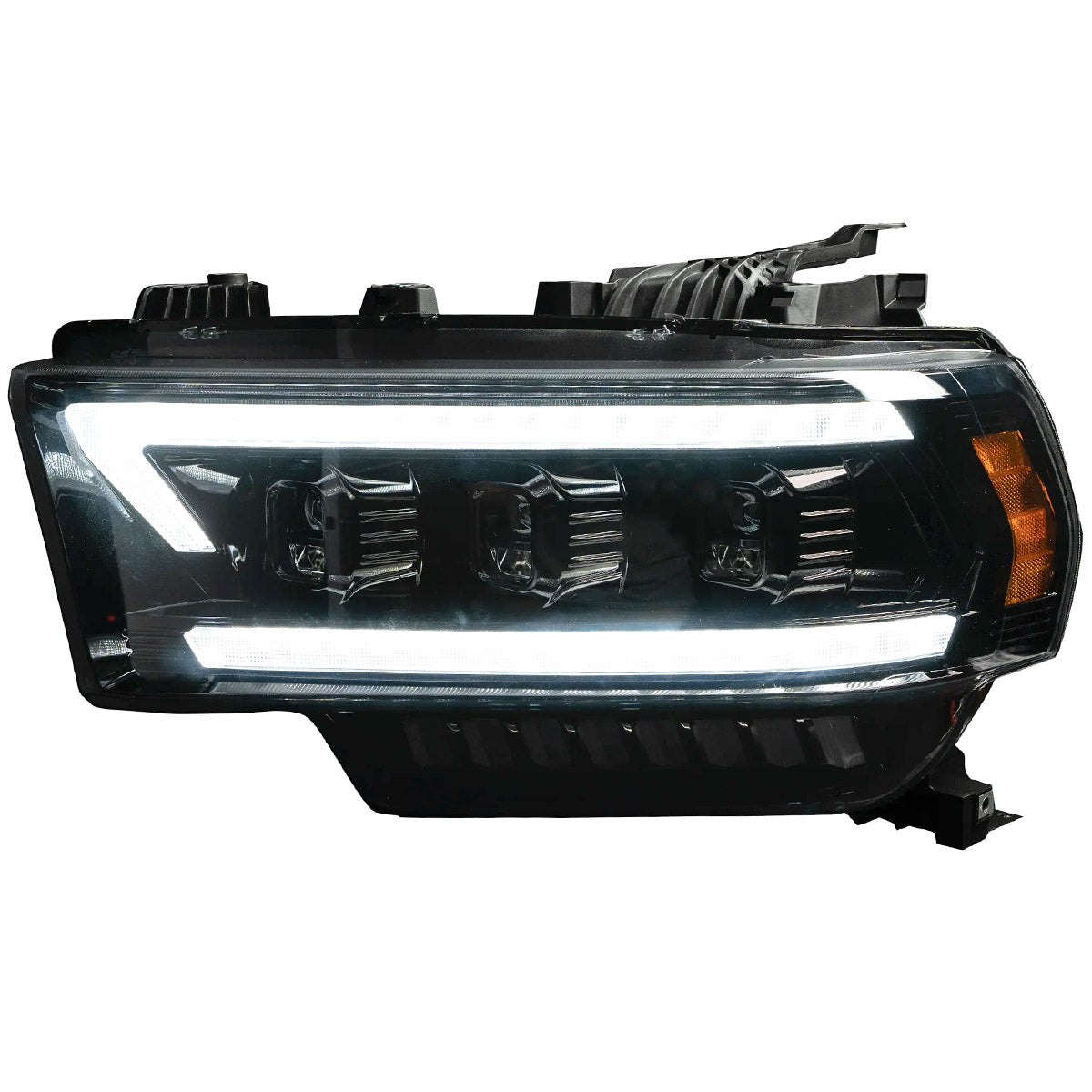 Dodge RAM 19-23 2500/3500 5th GEN Body Style w/ OEM Halogen & Standard Reflector Housing - LED PROJECTOR HEADLIGHTS w/ Ultra High Power Smooth OLED DRL & SCANNING SWITCHBACK High Power Amber LED Turn Signals - Smoked / Black (Attn: Replaces OEM halogen headlights w standard reflector housing ONLY) - Image 3