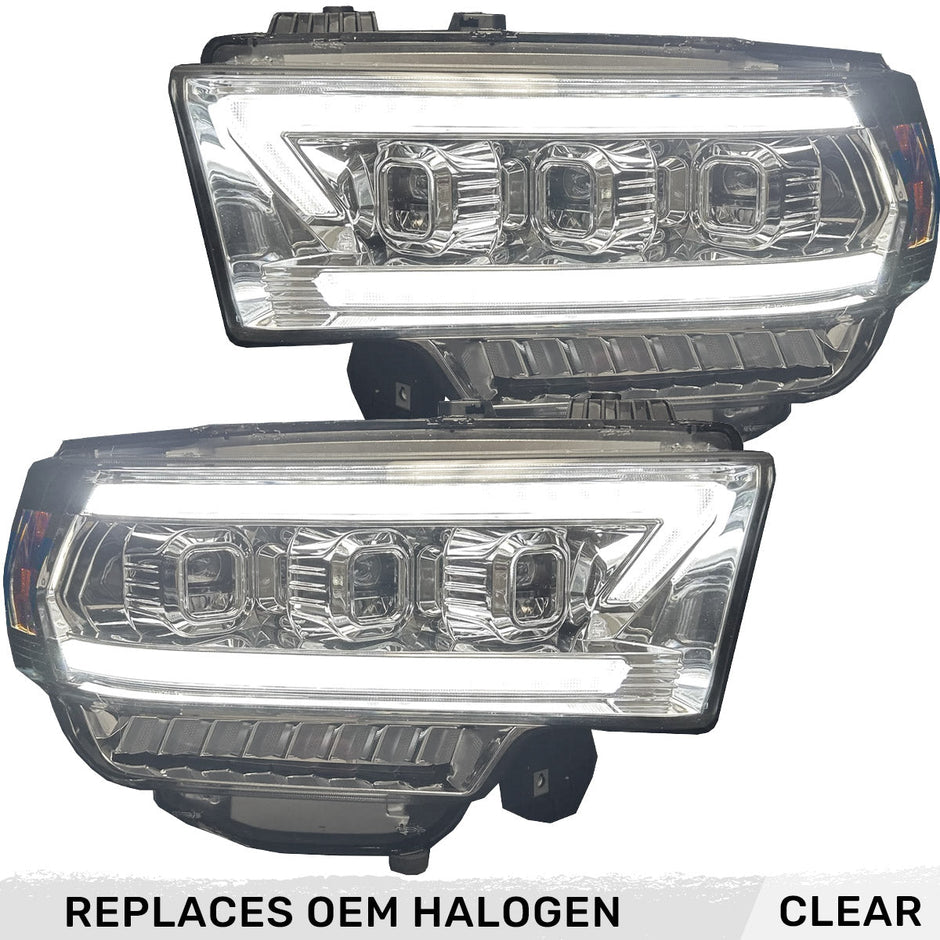 Dodge RAM 19-23 2500/3500 5th GEN Body Style w/ OEM Halogen & Standard Reflector Housing - LED PROJECTOR HEADLIGHTS w/ Ultra High Power Smooth OLED DRL & SCANNING SWITCHBACK High Power Amber LED Turn Signals - Clear / Chrome (Attn: Replaces OEM halogen headlights w standard reflector housing ONLY) - Image 4