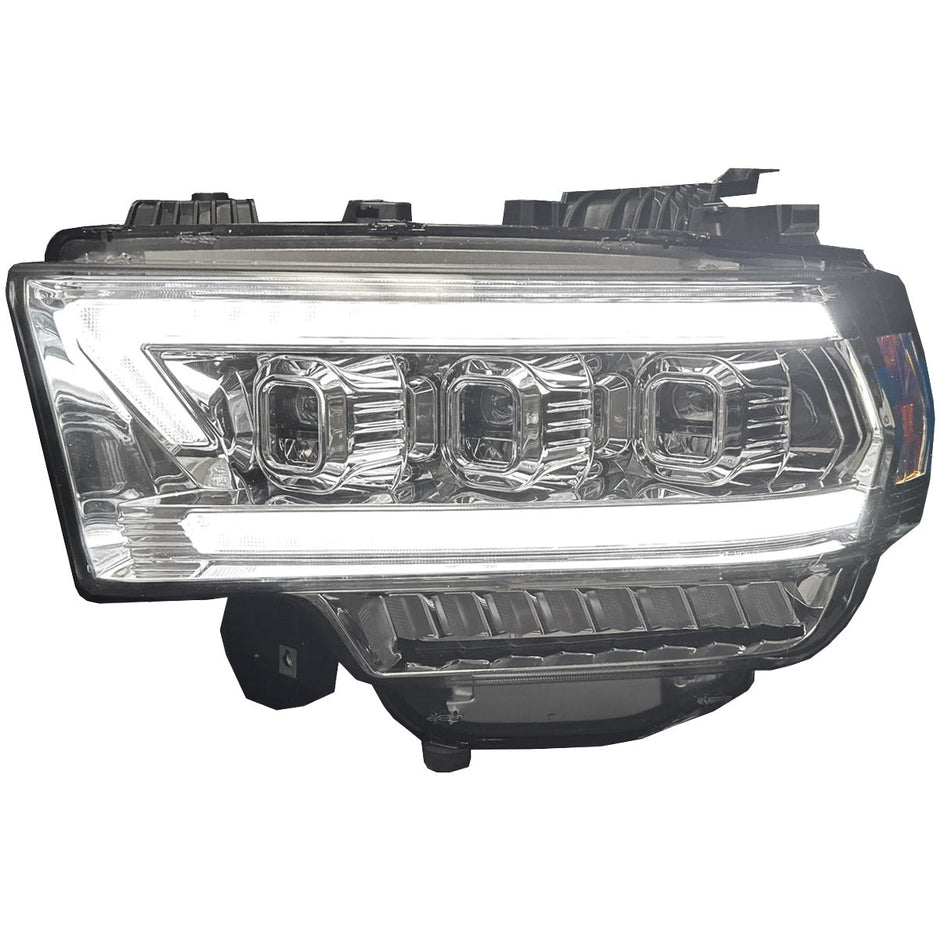 Dodge RAM 19-23 2500/3500 5th GEN Body Style w/ OEM Halogen & Standard Reflector Housing - LED PROJECTOR HEADLIGHTS w/ Ultra High Power Smooth OLED DRL & SCANNING SWITCHBACK High Power Amber LED Turn Signals - Clear / Chrome (Attn: Replaces OEM halogen headlights w standard reflector housing ONLY) - Image 3