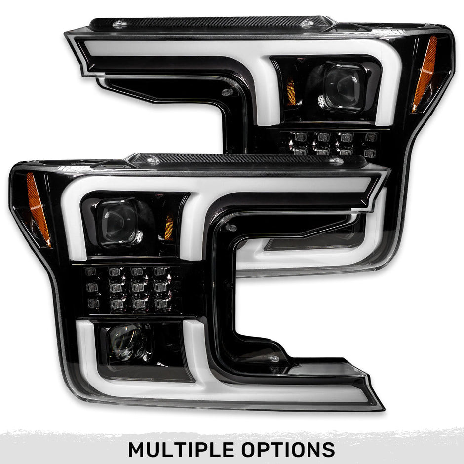 Ford F150 18-20 PROJECTOR HEADLIGHTS w/ Ultra High Power Smooth White OLED DRL & SCANNING SWITCHBACK High Power Amber LED Turn Signals (Replaces OEM Halogen Style Head Lights Only) - Smoked / Black