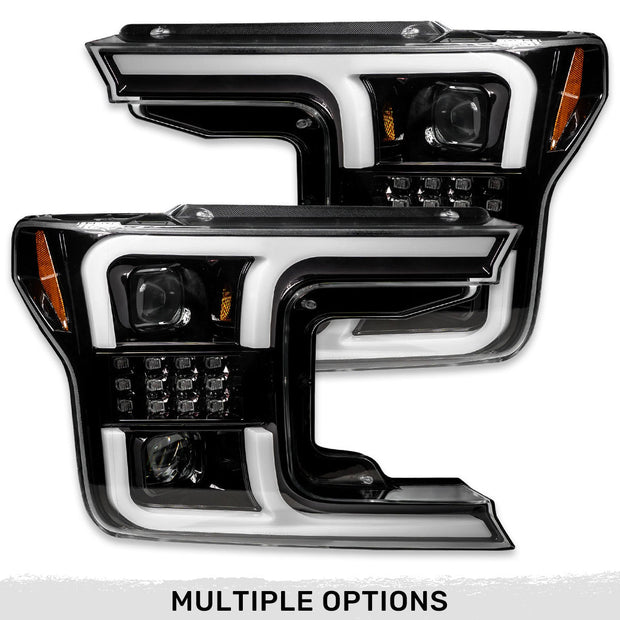 Ford F150 18-20 PROJECTOR HEADLIGHTS w/ Ultra High Power Smooth White OLED DRL & SCANNING SWITCHBACK High Power Amber LED Turn Signals (Replaces OEM Halogen Style Head Lights Only) - Smoked / Black