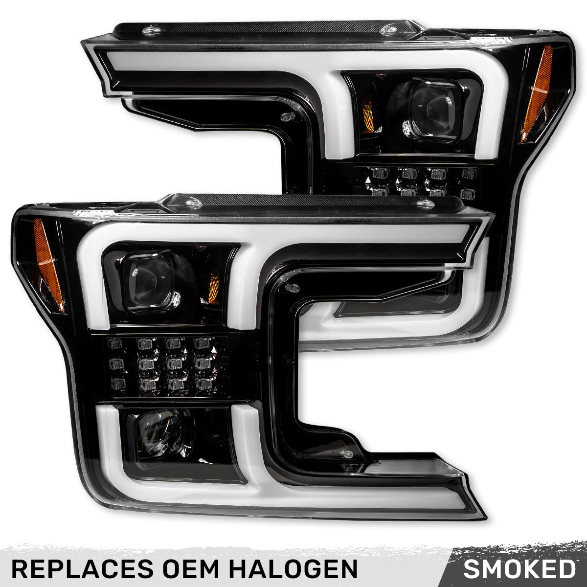 Ford F150 18-20 PROJECTOR HEADLIGHTS w/ Ultra High Power Smooth White OLED DRL & SCANNING SWITCHBACK High Power Amber LED Turn Signals (Replaces OEM Halogen Style Head Lights Only) - Smoked / Black - Image 3