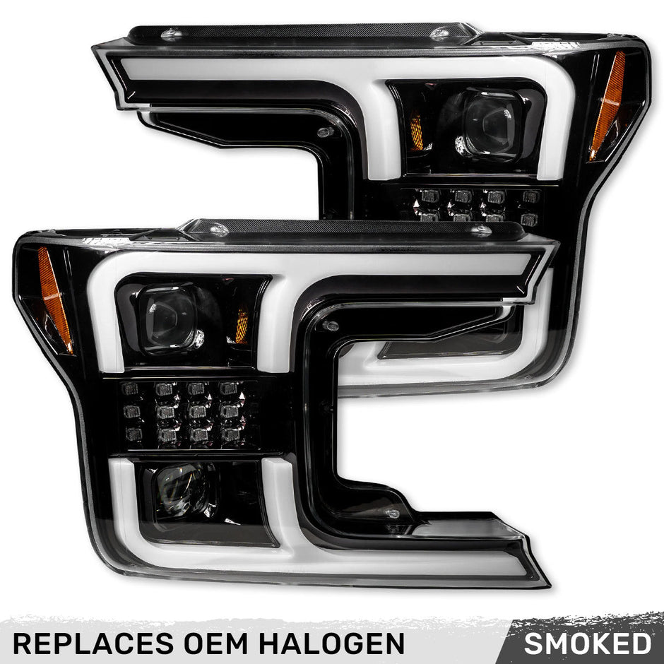 Ford F150 18-20 PROJECTOR HEADLIGHTS w/ Ultra High Power Smooth White OLED DRL & SCANNING SWITCHBACK High Power Amber LED Turn Signals (Replaces OEM Halogen Style Head Lights Only) - Smoked / Black - Image 3