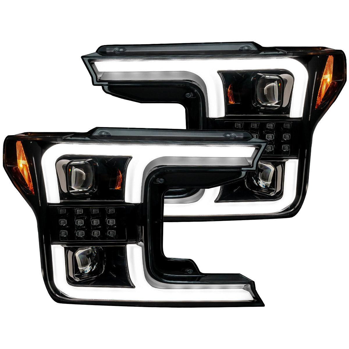Ford F150 18-20 PROJECTOR HEADLIGHTS w/ Ultra High Power Smooth White OLED DRL & SCANNING SWITCHBACK High Power Amber LED Turn Signals (Replaces OEM Halogen Style Head Lights Only) - Smoked / Black - Image 4