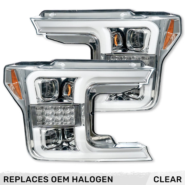 Ford F150 18-20 PROJECTOR HEADLIGHTS w/ Ultra High Power Smooth White OLED DRL & SCANNING SWITCHBACK High Power Amber LED Turn Signals (Replaces OEM Halogen Style Head Lights Only) - Clear / Chrome - Image 2