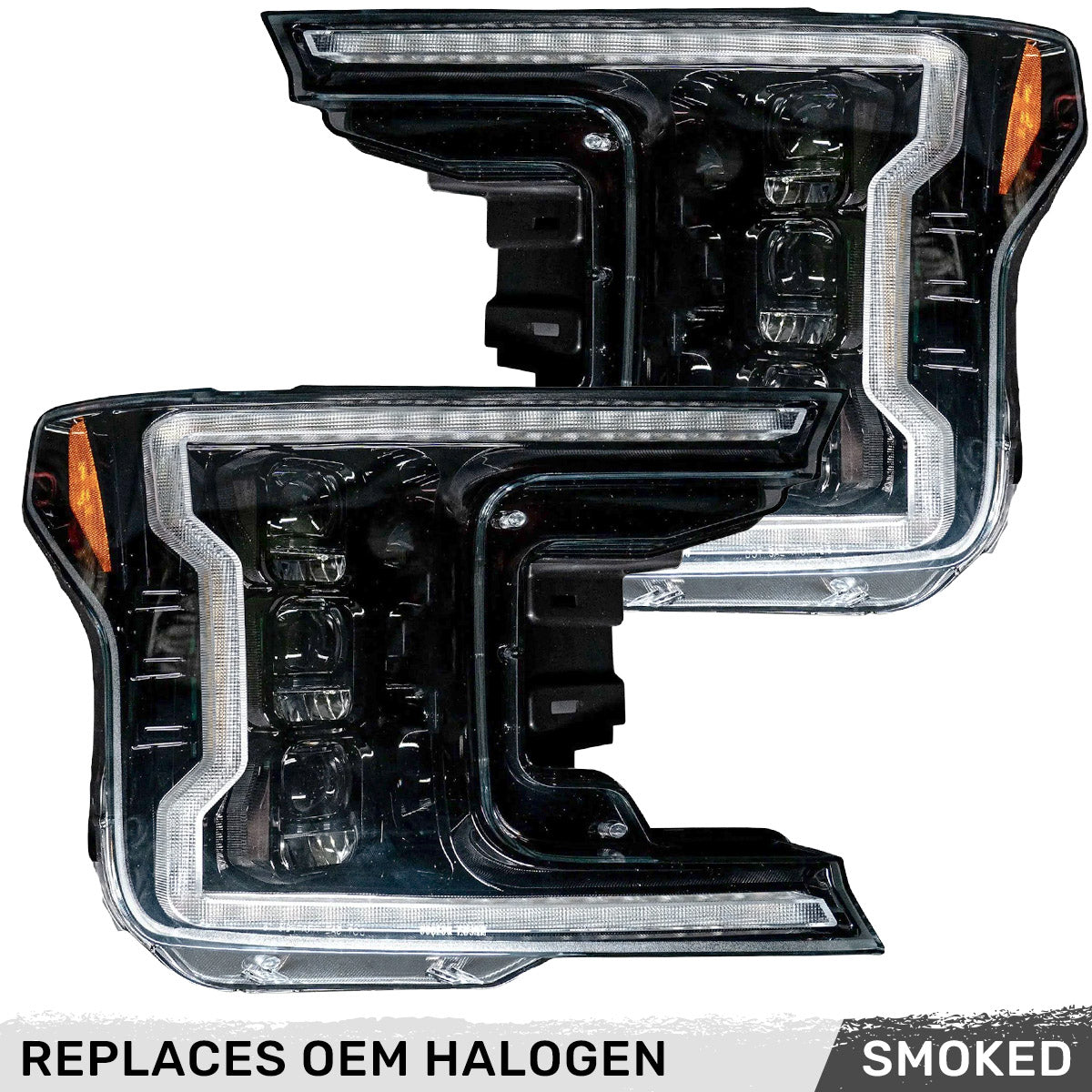 Ford F150 18-20 LED HEADLIGHTS w/ Ultra High Power LED HI & LOW BEAM & Smooth OLED DRL & SCANNING SWITCHBACK Amber LED Turn Signals (Replaces OEM Halogen Style Head Lights Only) - Smoked / Black - Image 2