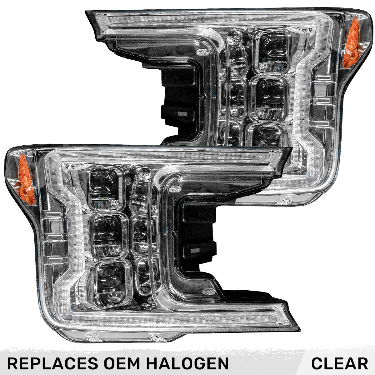 Ford F150 18-20 LED HEADLIGHTS w/ Ultra High Power LED HI & LOW BEAM & Smooth OLED DRL & SCANNING SWITCHBACK Amber LED Turn Signals (Replaces OEM Halogen Style Head Lights Only) - Clear / Chrome - Image 2