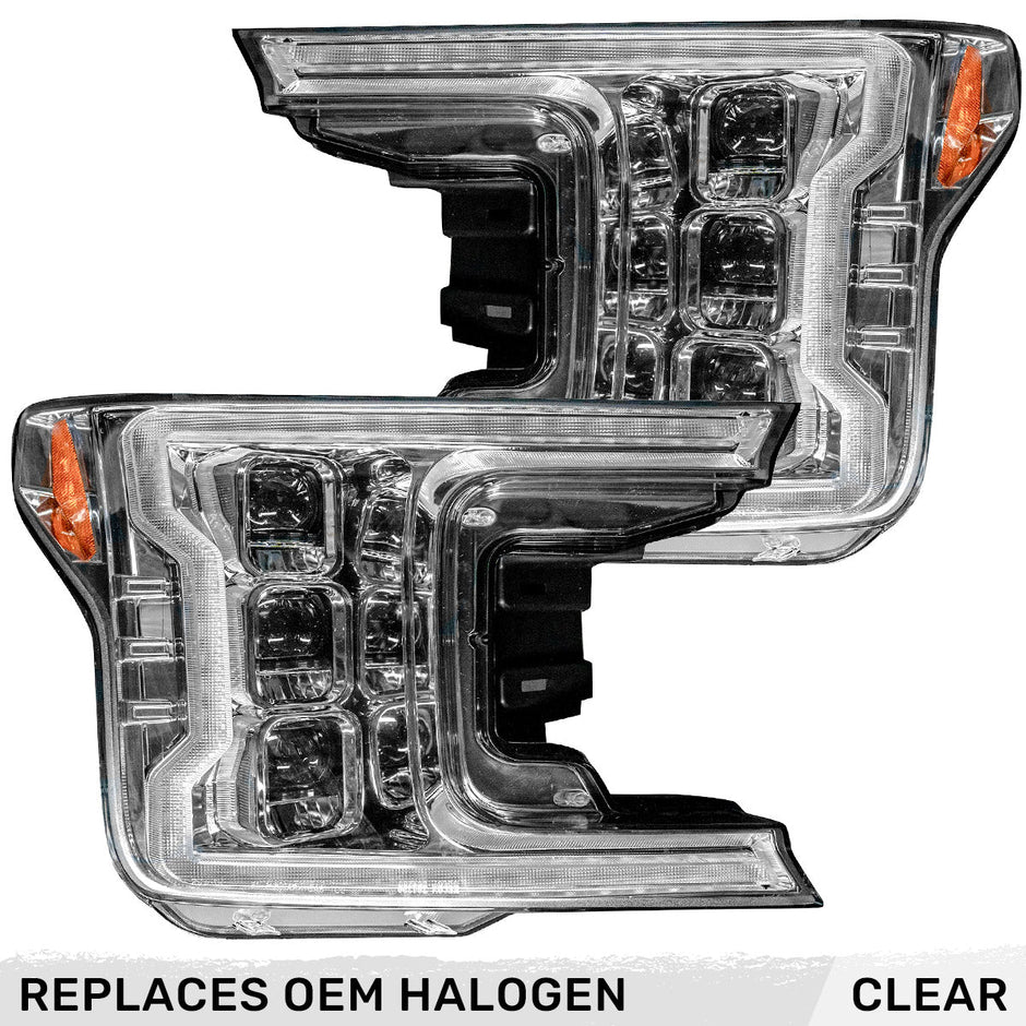 Ford F150 18-20 LED HEADLIGHTS w/ Ultra High Power LED HI & LOW BEAM & Smooth OLED DRL & SCANNING SWITCHBACK Amber LED Turn Signals (Replaces OEM Halogen Style Head Lights Only) - Clear / Chrome - Image 2