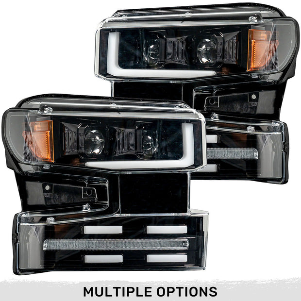 Chevrolet Silverado 19-22 1500 (4th GEN Body Style & 2022 Non-Refreshed Version) w/ OEM Halogen & Standard Reflector Housing - Halogen PROJECTOR HEADLIGHTS w/ Ultra High Power Smooth OLED DRL & SCANNING SWITCHBACK High Power Amber LED Turn Signals - Smoked / Black
