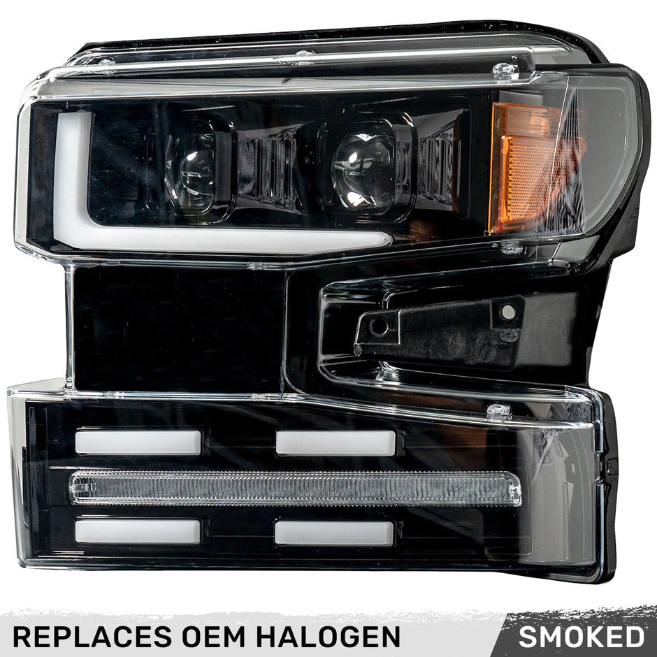 Chevrolet Silverado 19-22 1500 (4th GEN Body Style & 2022 Non-Refreshed Version) w/ OEM Halogen & Standard Reflector Housing - Halogen PROJECTOR HEADLIGHTS w/ Ultra High Power Smooth OLED DRL & SCANNING SWITCHBACK High Power Amber LED Turn Signals - Smoked / Black - Image 3