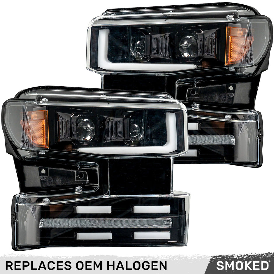 Chevrolet Silverado 19-22 1500 (4th GEN Body Style & 2022 Non-Refreshed Version) w/ OEM Halogen & Standard Reflector Housing - Halogen PROJECTOR HEADLIGHTS w/ Ultra High Power Smooth OLED DRL & SCANNING SWITCHBACK High Power Amber LED Turn Signals - Smoked / Black - Image 5