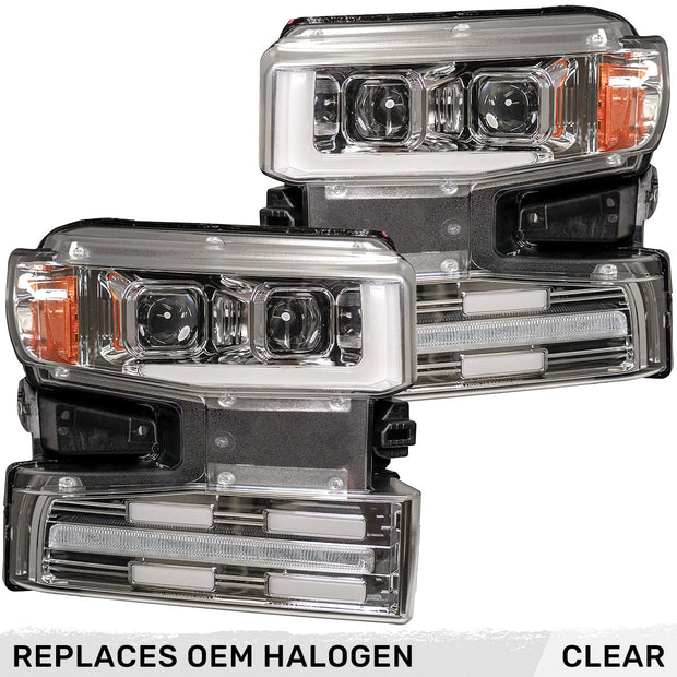 Chevrolet Silverado 19-22 1500 (4th GEN Body Style & 2022 Non-Refreshed Version) w/ OEM Halogen & Standard Reflector Housing - Halogen PROJECTOR HEADLIGHTS w/ Ultra High Power Smooth OLED DRL & SCANNING SWITCHBACK High Power Amber LED Turn Signals - Clear / Chrome