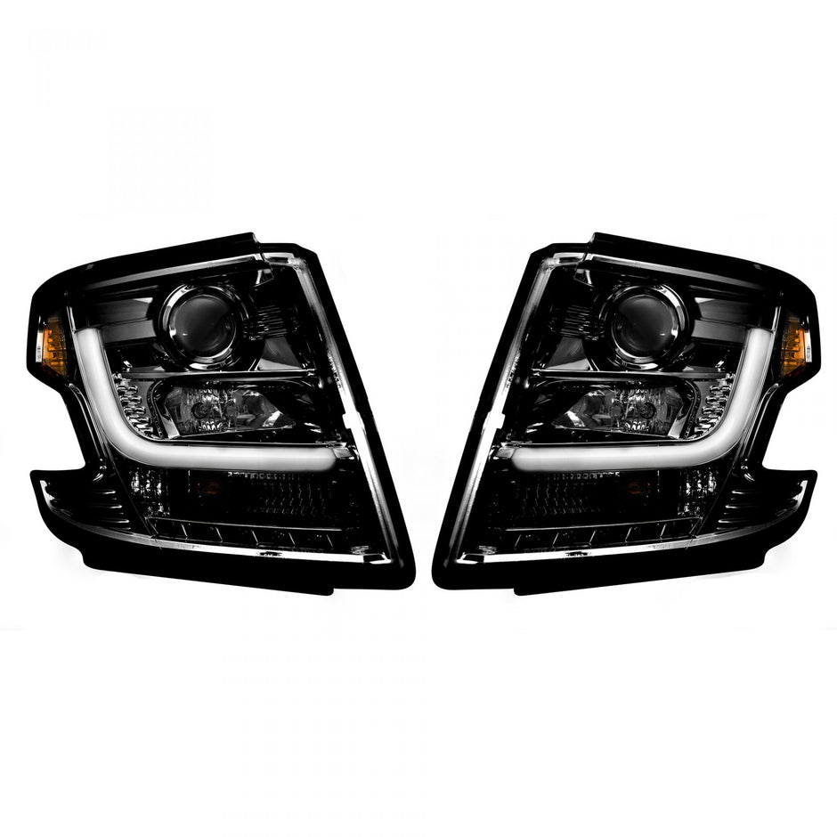 Chevrolet Tahoe 15-20 (ONLY Replaces OEM Headlights w/ Factory Installed HID bulbs) PROJECTOR HEADLIGHTS w/ Ultra High Power Smooth OLED HALOS & DRL - Smoked / Black