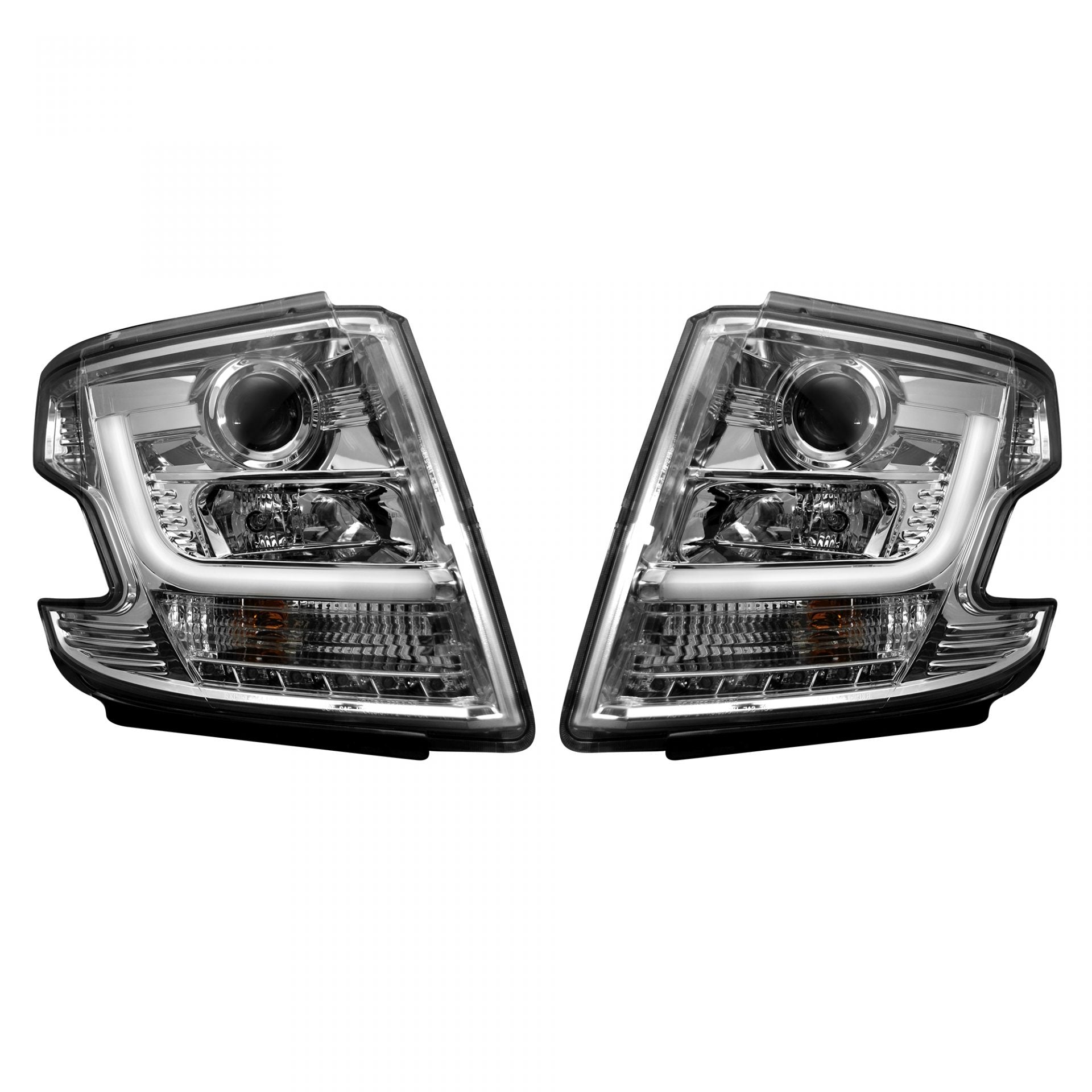 Chevrolet Tahoe 15-20 (ONLY Replaces OEM Headlights w/ Factory Installed HID bulbs) PROJECTOR HEADLIGHTS w/ Ultra High Power Smooth OLED HALOS & DRL - Clear / Chrome
