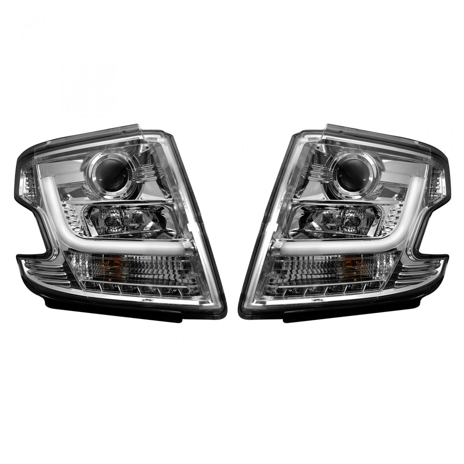 Chevrolet Tahoe 15-20 (ONLY Replaces OEM Headlights w/ Factory Installed HID bulbs) PROJECTOR HEADLIGHTS w/ Ultra High Power Smooth OLED HALOS & DRL - Clear / Chrome