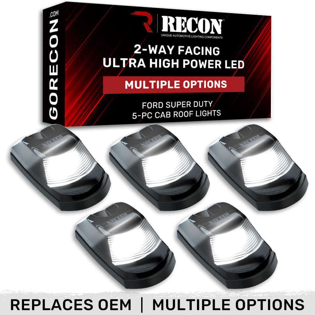 Ford 23-25 Superduty (5-Piece Set) Smoked Cab Roof Light Lens with 2-Way Forward & Rear Facing WHITE ULTRA High-Power LEDs - ATTN: (Plug-N-Play Replacement for OEM Factory Installed Cab Roof Lights)
