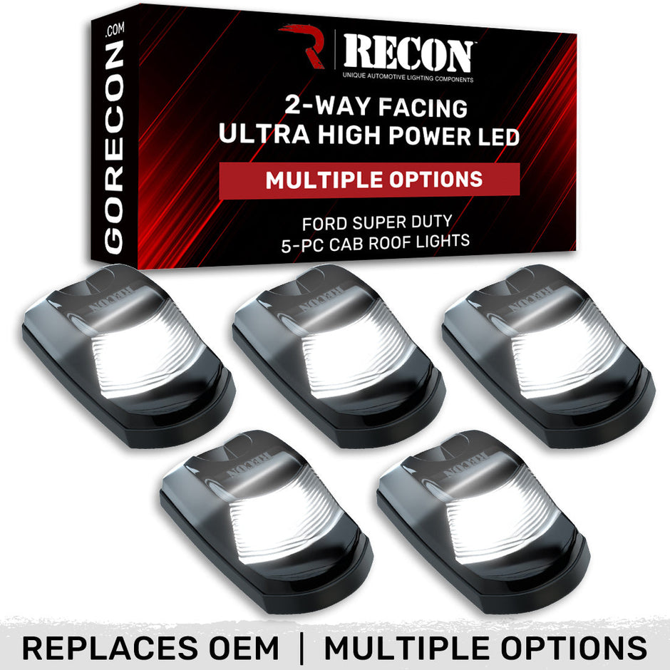 Ford 23-25 Superduty (5-Piece Set) Smoked Cab Roof Light Lens with 2-Way Forward & Rear Facing WHITE ULTRA High-Power LEDs - ATTN: (Plug-N-Play Replacement for OEM Factory Installed Cab Roof Lights)
