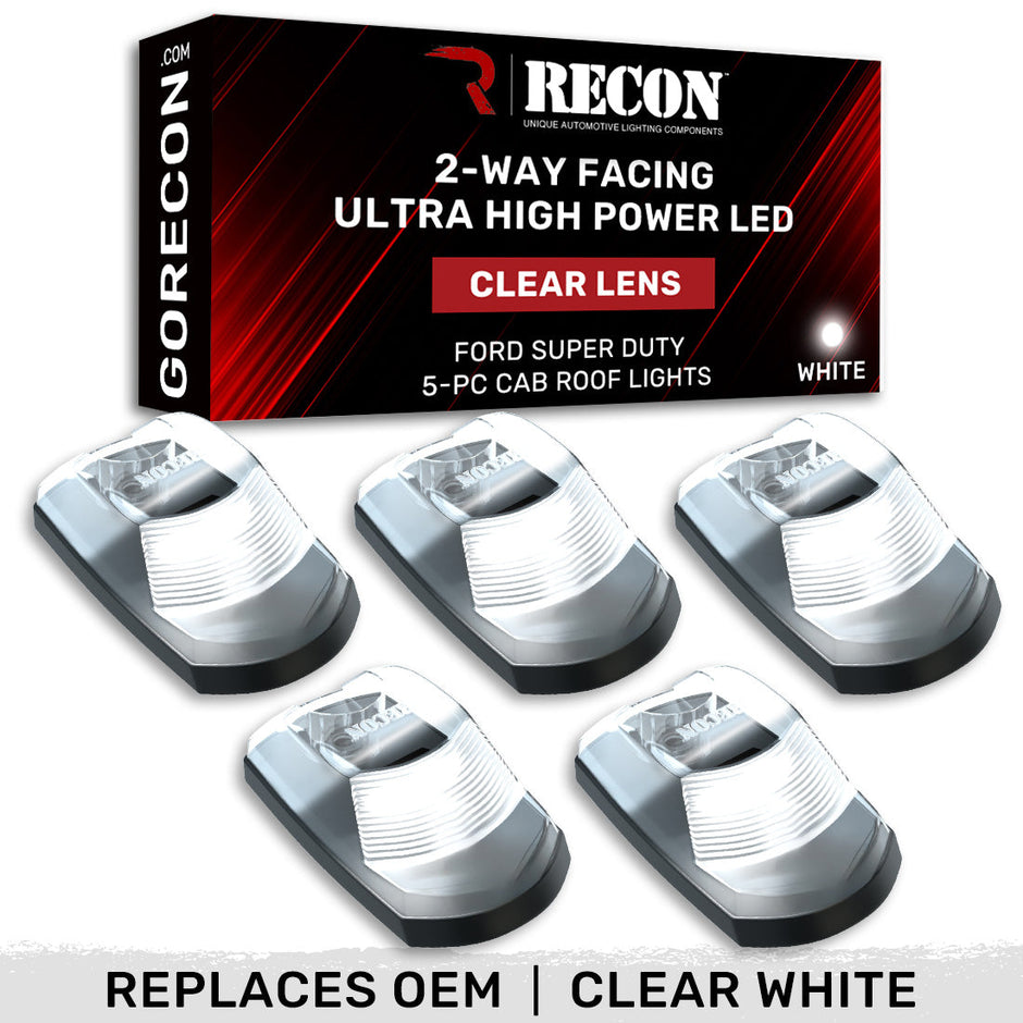 Ford 23-25 Superduty (5-Piece Set) Clear Cab Roof Light Lens with 2-Way Forward & Rear Facing WHITE ULTRA High-Power LEDs - ATTN: (Plug-N-Play Replacement for OEM Factory Installed Cab Roof Lights)