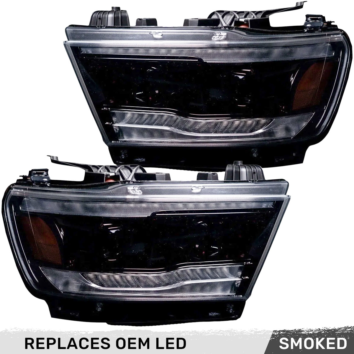 Dodge RAM 19-23 1500 5th GEN Body Style w/ OEM LED Headlights - LED HI & LOW BEAM PROJECTOR HEADLIGHTS w/ Ultra High Power Smooth OLED DRL & SCANNING SWITCHBACK High Power Amber LED Turn Signals - Smoked / Black (Attn: Replaces OEM LED headlights ONLY)