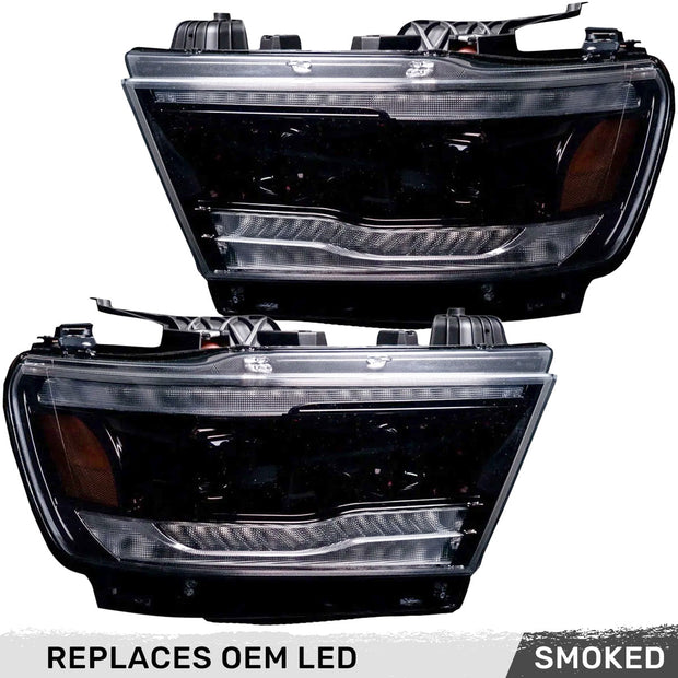Dodge RAM 19-23 1500 5th GEN Body Style w/ OEM LED Headlights - LED HI & LOW BEAM PROJECTOR HEADLIGHTS w/ Ultra High Power Smooth OLED DRL & SCANNING SWITCHBACK High Power Amber LED Turn Signals - Smoked / Black (Attn: Replaces OEM LED headlights ONLY)