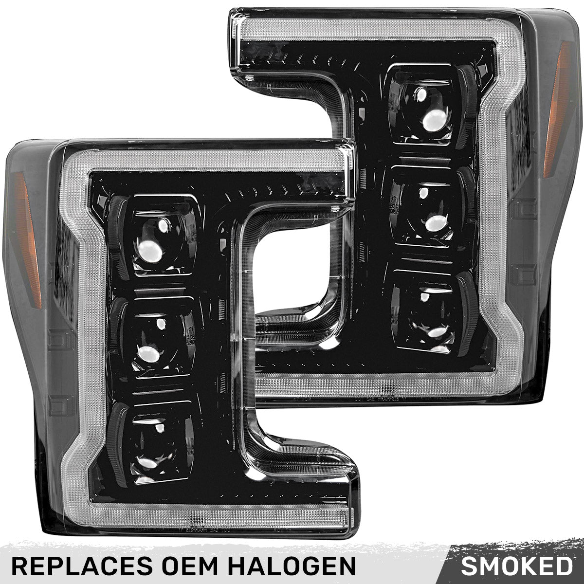 Ford Superduty 20-22 F250/F350/F450/F550 (Replaces OEM Halogen Style Head Lights Only) TRIPLE PROJECTOR BEAM LED HEADLIGHTS w/ Ultra High Power Smooth White OLED DRL & High Power Smooth Amber Sequential OLED Turn Signals - Smoked / Black - Image 3