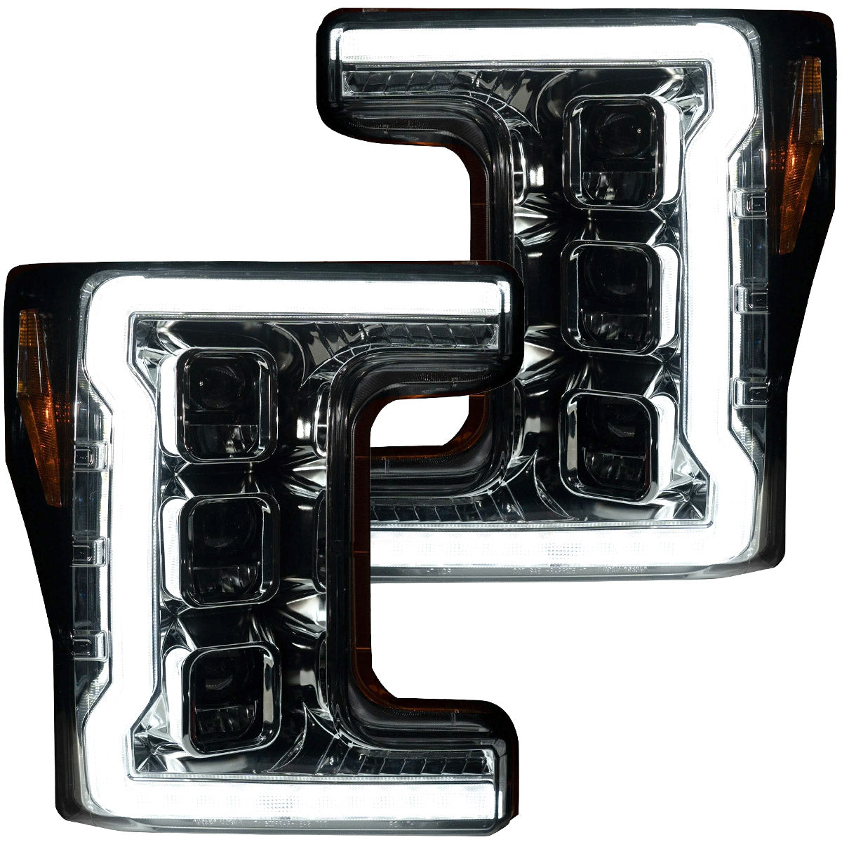 Ford Superduty 20-22 F250/F350/F450/F550 (Replaces OEM Halogen Style Head Lights Only) TRIPLE PROJECTOR BEAM LED HEADLIGHTS w/ Ultra High Power Smooth White OLED DRL & High Power Smooth Amber Sequential OLED Turn Signals - Clear / Chrome