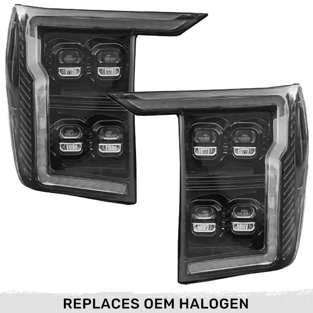 Ford F150 21-23 LED HEADLIGHTS w/ Ultra High Power LED HI & LOW BEAM & Smooth OLED DRL & SCANNING SWITCHBACK Amber LED Turn Signals (Replaces OEM Halogen Style Head Lights Only) - Smoked / Black