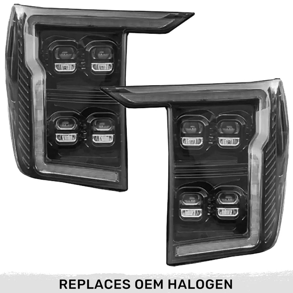 Ford F150 21-23 LED HEADLIGHTS w/ Ultra High Power LED HI & LOW BEAM & Smooth OLED DRL & SCANNING SWITCHBACK Amber LED Turn Signals (Replaces OEM Halogen Style Head Lights Only) - Smoked / Black
