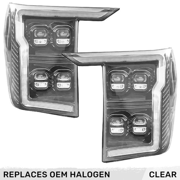 Ford F150 21-23 LED HEADLIGHTS w/ Ultra High Power LED HI & LOW BEAM & Smooth OLED DRL & SCANNING SWITCHBACK Amber LED Turn Signals (Replaces OEM Halogen Style Head Lights Only) - Clear / Chrome