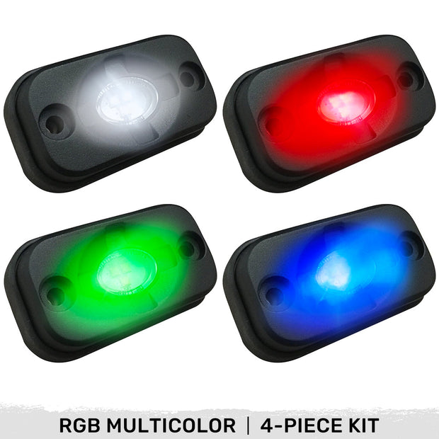 Under Body / Wheel Well Mounted Rectangular Ultra High Power 15-Watt 1600-Lumen CREE LEDs IP67 Waterproof (Includes Wiring Hardware & Gaskets for 4pc Kit - Dimensions: L x H x D = 3.0" x 1.7" x 1.0") Multi-Colored LED Rock Crawling Lights are User Controlled by Bluetooth Using App Thru Mobile Phone / Tablet - MULTI-COLORED