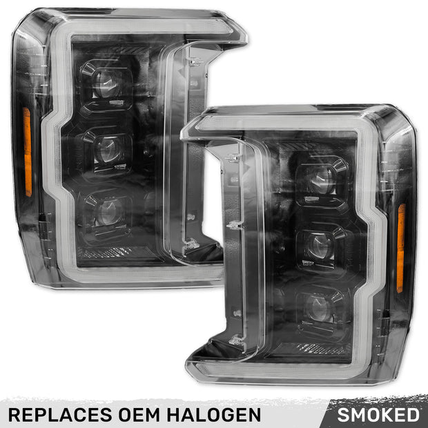 Ford Superduty 23-25 F250/F350/F450/F550 Projector Headlight with LED High & Low Beams, WHITE LED DRL and AMBER Scanning LED Turn Signal with Startup Sequence - Smoked / Black