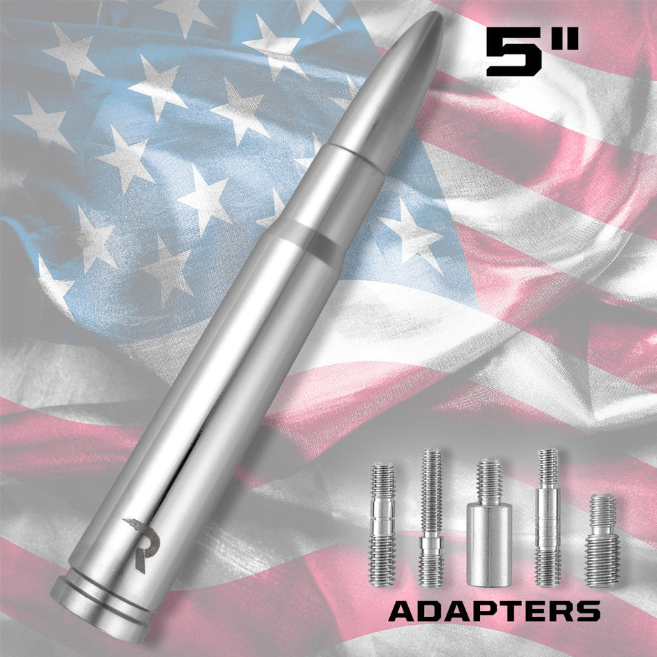 .50 Cal Bullet Shaped Aluminum 5" Antenna - Universal Fitment Fits All Makes & Models w/ OEM Factory Threaded Antenna - CHROME