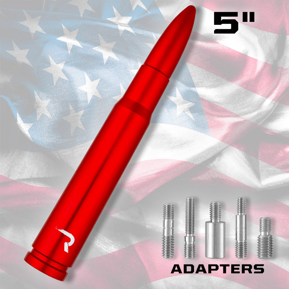 .50 Cal Bullet Shaped Aluminum 5" Antenna - Universal Fitment Fits All Makes & Models w/ OEM Factory Threaded Antenna - RED